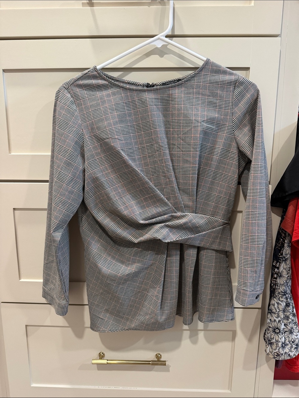 Ann Taylor Gray Plaid Twist-Peplum Top Windowpane